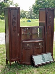 Antique Wood Cabinet with Carved Glass Doors, Drawers, 75.5″ x 66″ x 17.5″