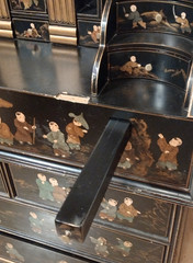 Rare Vintage Black/Gold Lacquer Chinoiserie Secretary Cabinet / Display Hutch As