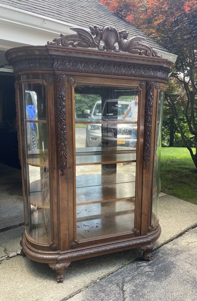 R. J. HORNER OAK 3 DOOR WINGED GRIFFIN CHINA CABINET