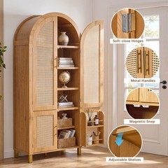 71″ Tall Rattan Cabinet, Arched Doors Adjustable Shelves, Farmhouse Oak
