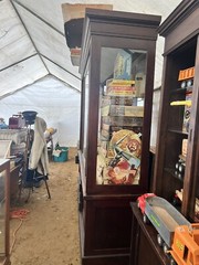vintage antique oak country store display cabinet 94” L x 25” D x 97” H – 2 door