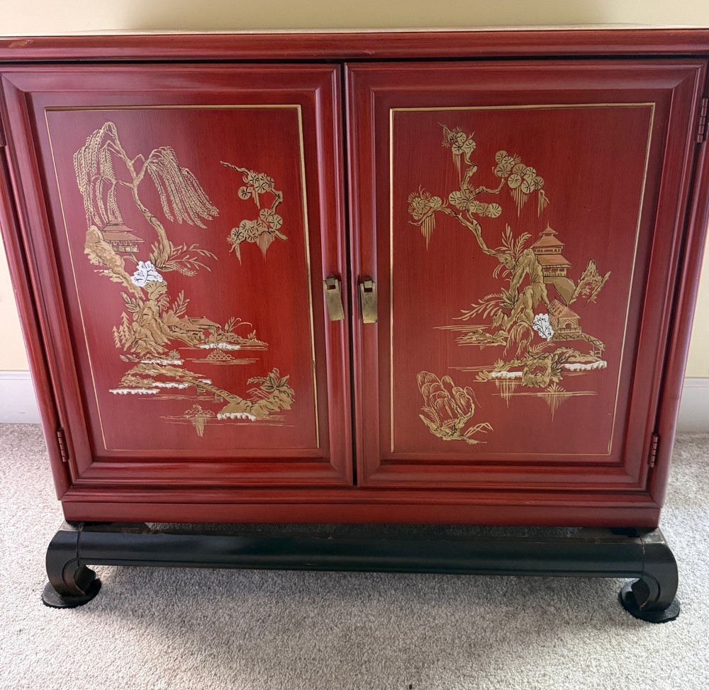 Vintage Mid Century Chinoiserie Asian Style Cinnabar Red Cabinet Credenza