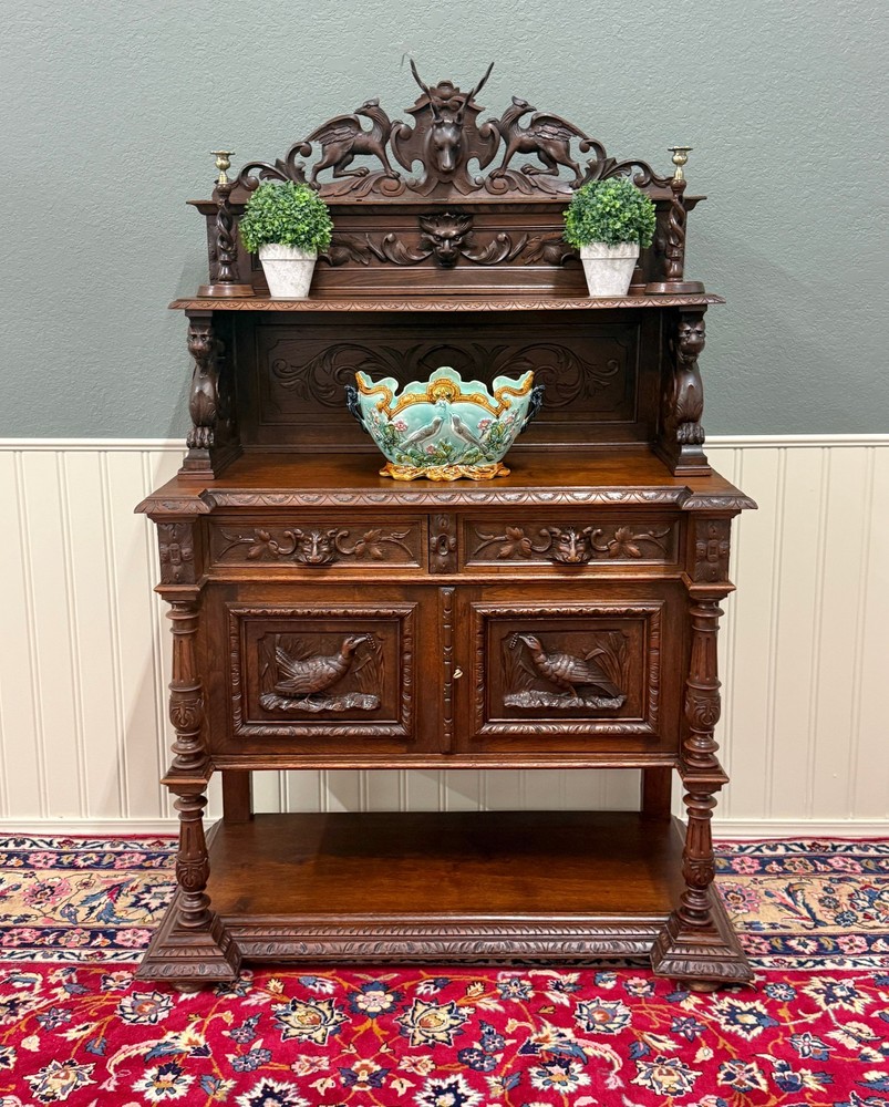 Antique French Renaissance Revival Hunt Buffet Server Sideboard Dark Oak 19C