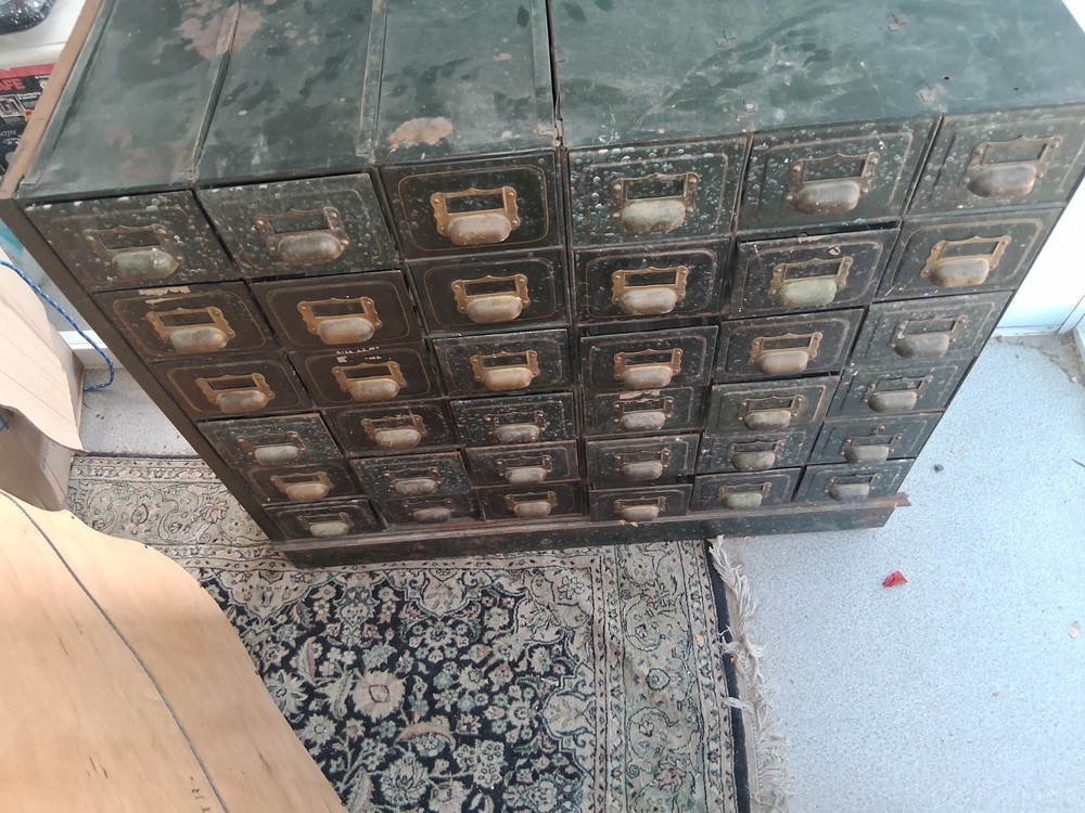 Original Vintage INDUSTRIAL FILING CABINET, Brass Handles/Fittings 36 Boxes