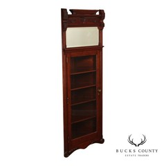 Antique Victorian Carved Walnut Corner Cabinet With Mirrored Transom