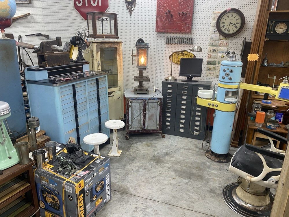Antique vintage dental medical industrial cabinet, mid-century modern metal blue