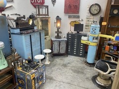 Antique vintage dental medical industrial cabinet, mid-century modern metal blue
