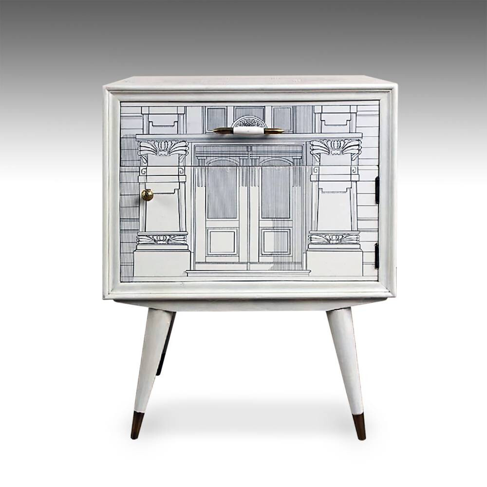 MANNER OF FORNASETTI ONE DRAWER ONE DOOR PAINTED SIDE CABINET ITALY CIRCA 1960