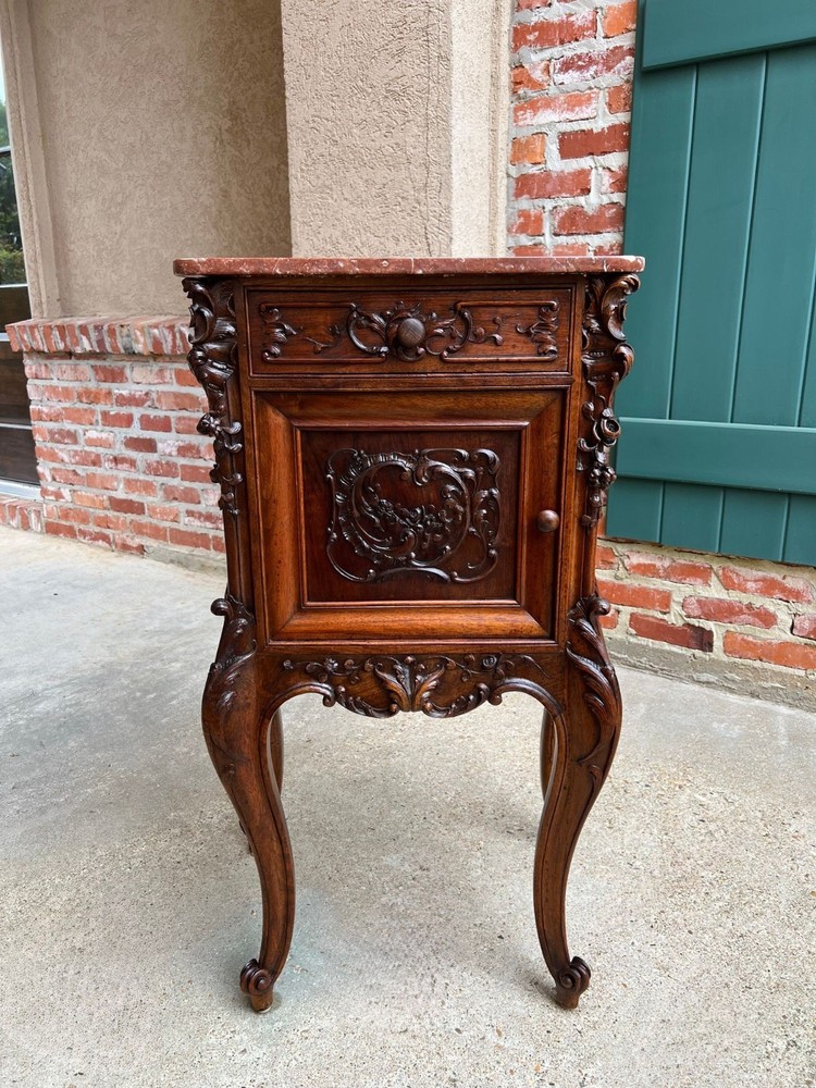 Antique French Nightstand Cabinet Marble Top Louis XV Carved Walnut c1890