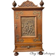 Antique Art Nouveau tiger oak quarter sawn wall cabinet 1890 bronze plaque nice