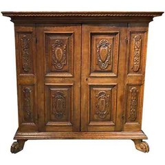 19th c Large Italian Baroque Style Two Door Carved Oak Cabinet with Paw Feet
