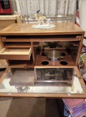 Antique Wooden Bar Cabinet with Glass Door, Carvings, Drawer, and Shelf