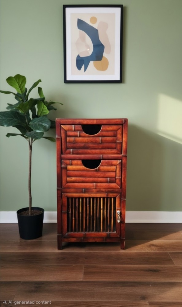 Antique Brown Wood & Bamboo Storage Cabinet w/ 2 Drawers Slatted Hinged Door