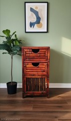 Antique Brown Wood & Bamboo Storage Cabinet w/ 2 Drawers Slatted Hinged Door