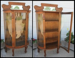 Antique Quartersawn Oak 3Curve Glass China Cabinet Bevel Mirror Acanthus Carving