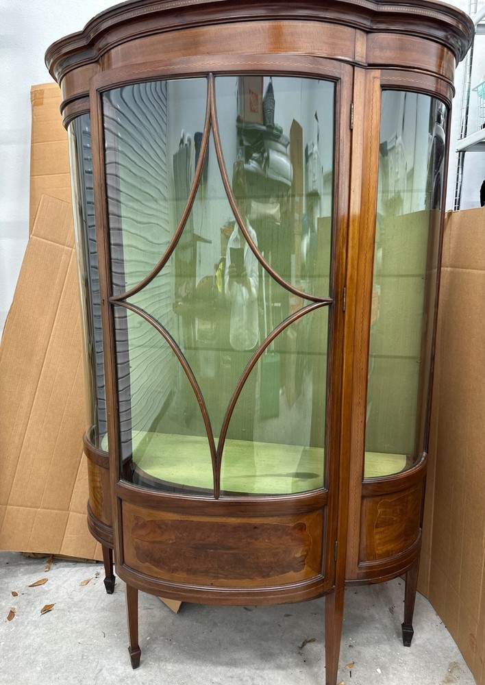Exquisite Edwardian display cabinet with original bowed glass door and sides