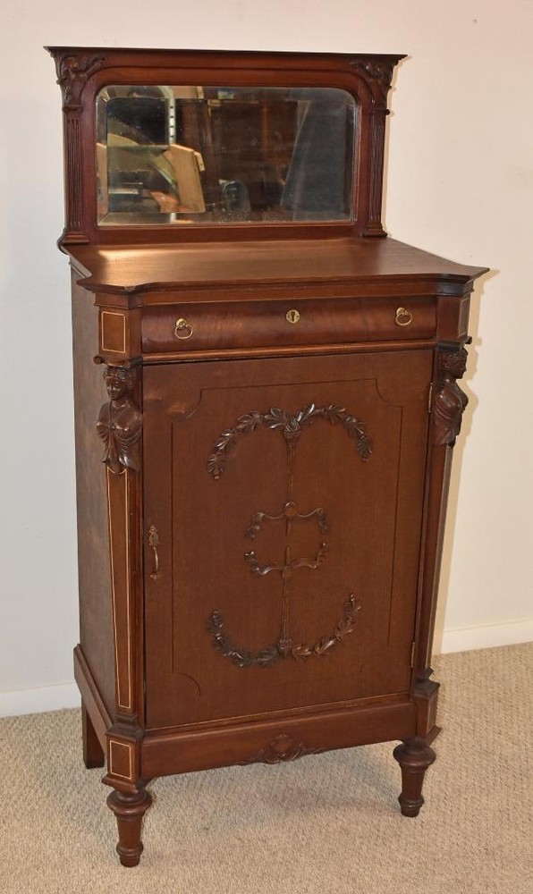 Renaissance Revival Sheet Music Cabinet, Mahogany, Carvings