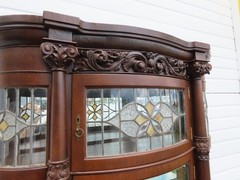 Late 1800s Large Tall Tiger Oak Leaded Stain Glass Curio Cabinet Cupboard 6573