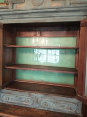 Antique Country Farmhouse Old Blue Milk Paint 2 Piece Step Back Cabinet Cupboard