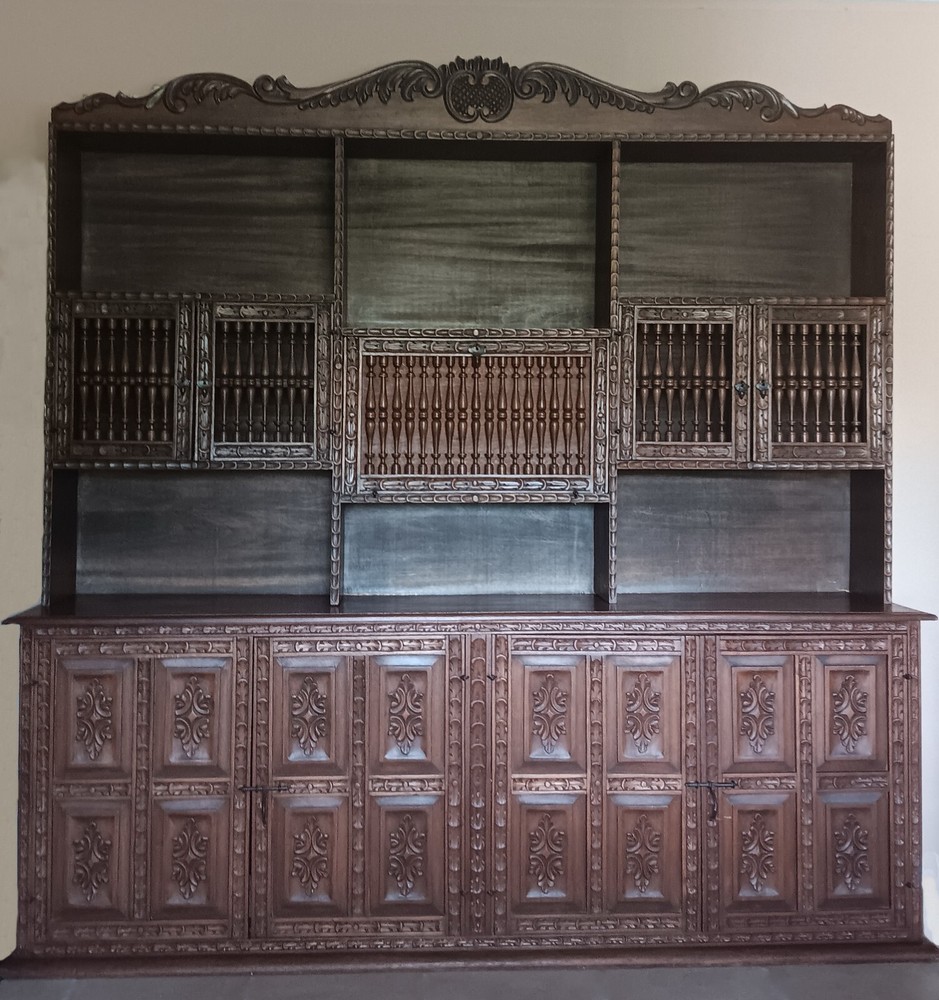 Peruvian Antique Unique Hand Carved Wood Tall Cabinet 1950s Good Condition