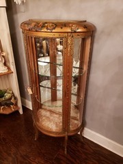 Antique Hand Painted Roses Wooden Curved Glass Curio Cabinet w/ Ormolu Trim