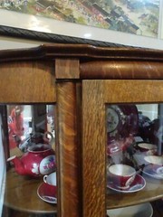Antique Tiger Oak Curved Glass 2 Pilliar Curio China Cabinet 5 Shelves