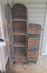 Antique Brown Wicker Free Standing Cabinet 3 Shelves 1 Hinged Door 50in