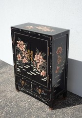 Vintage Chinese Asian Black Lacquer Chinoiserie Cabinet Side Table