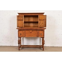 Antique English Jacobean Carved Oak Bar Cabinet, Circa 1920s