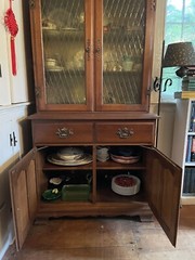 Vintage Wood China Cabinet Hutch With Shelves And Drawers