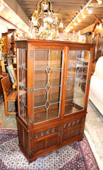 English Antique Oak Display Cabinet | Leaded Glass With Light