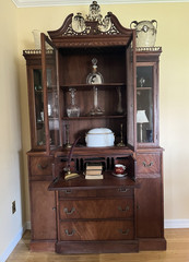 Antique Brown Wood Cabinet with Glass Doors, Shelves, Drawers, 48x14x78in