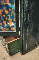 American Colonial Primitive Rustic Green Distress Paint Kitchen Cabinet Cupboard