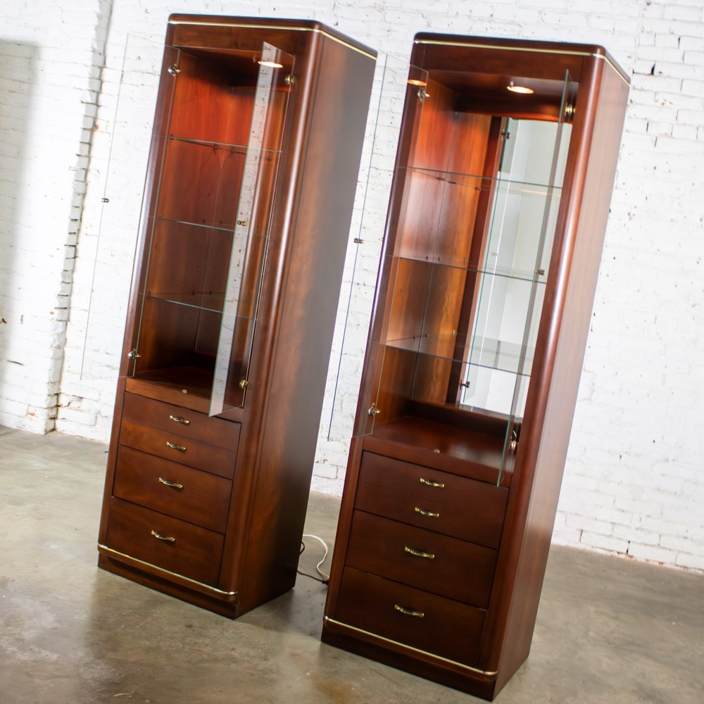 Modern Pair Lighted Display Cabinets by Bassett Furniture Cherrywood & Brass