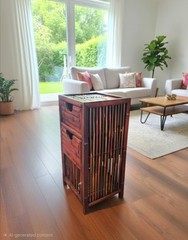 Antique Brown Wood & Bamboo Storage Cabinet w/ 2 Drawers Slatted Hinged Door