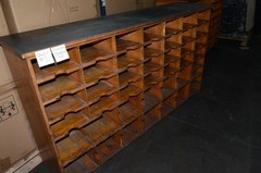 Vintage Antique Oak Front Mail Sorting Open Face Cabinet 78X18.5X44 Inches High