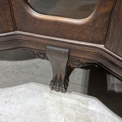 Antique Tiger Oak Corner Curio Cabinet. Ornate details, curved glass doors.