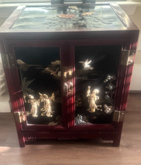 Vintage Chinoiserie Chinese Black Lacquer Hard Stone Finish Art Console Cabinet