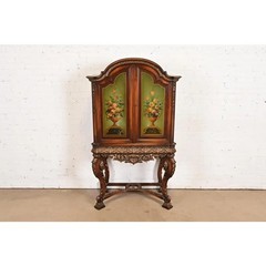 Berkey & Gay Style Antique Jacobean Hand Painted Bar Cabinet, Circa 1920s