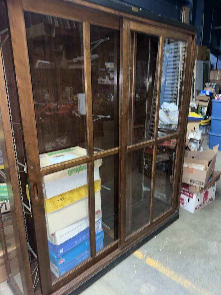 c1920 vintage birch upright vitrine like Cabinet E H Sheldon Co. 80”h x 71 x 18”