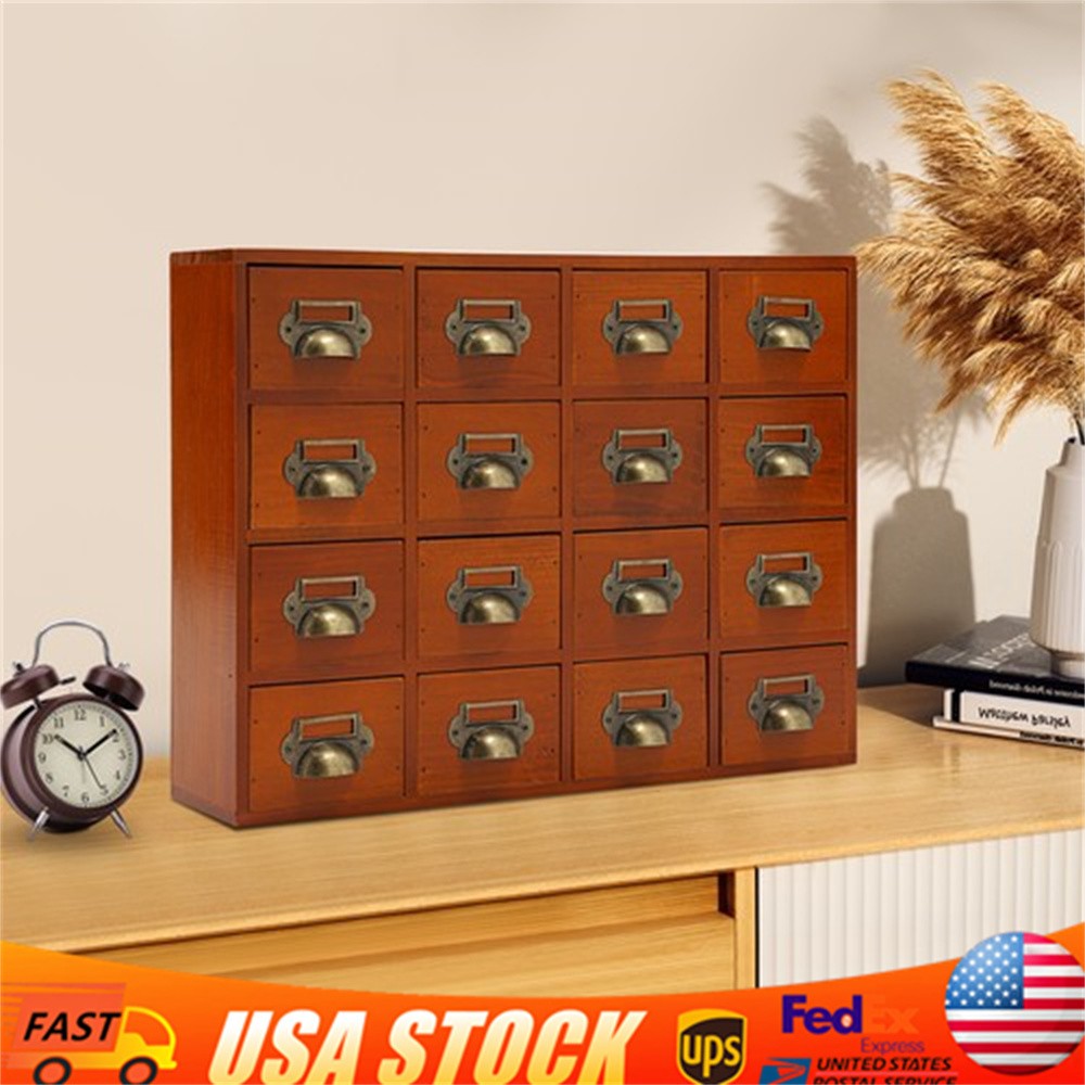 16 Drawers Tabletop Library Card Catalog Cabinet Vintage Apothecary Storage Box