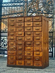 Large solid wood, antique multi drawer card catalog cabinet