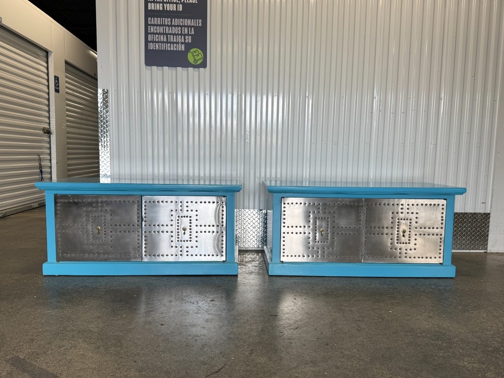 Pair 1970’s Turquoise Cabinets W Studded Steel Doors