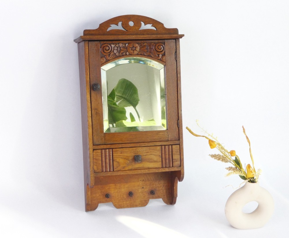 Antique Small Wooden Cabinet with Arch Mirror, Floral Carved Apothecary