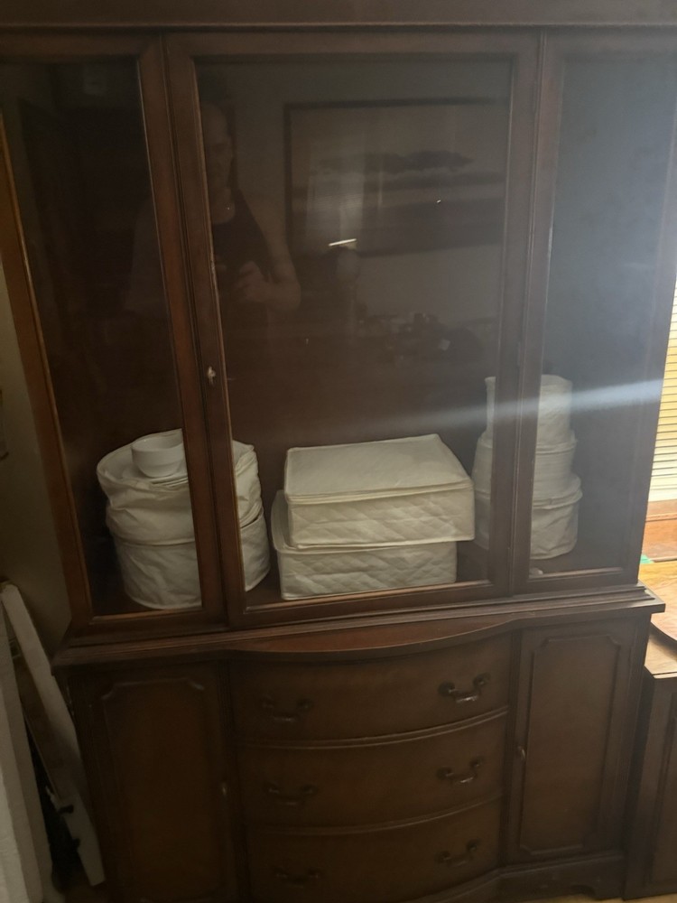 cherry wood antique hutch and service for twelve china set