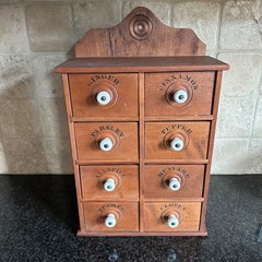 VTG Wooden 8 Drawer Spice Cabinet Box Cupboard Apothecary Hanging Labeled Names