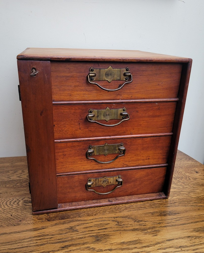 Early 20th Walnut Collectors Curio Cabinet Stones “Popular” 4 Drawers & Key