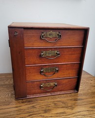 Early 20th Walnut Collectors Curio Cabinet Stones “Popular” 4 Drawers & Key