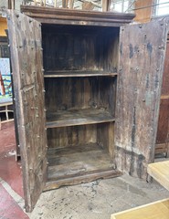 Antique 77″H Hutch Cabinet, Mughal or Medieval Style, Brass Studs & Iron Pulls