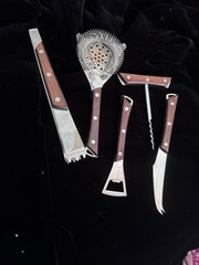 Vintage Bar Tool Set Ice Tongs Strainer Botle Opener Cork Screw Cheese Knife MCM